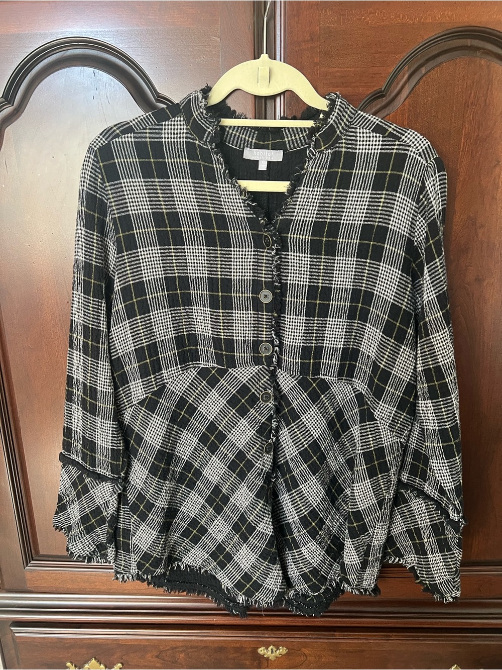 Black and Beige Plaid Button-Front Women’s Top